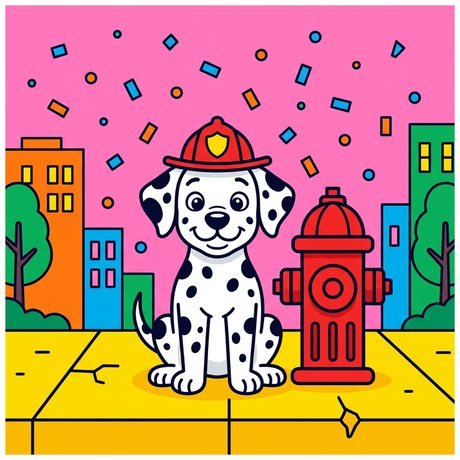 Dalmatian wearing a firefighter helmet next to a fire hydrant, dog coloring page
