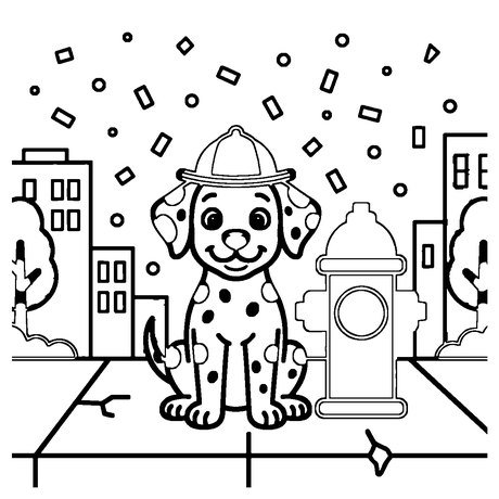 Dalmatian wearing a firefighter helmet next to a fire hydrant, dog coloring page