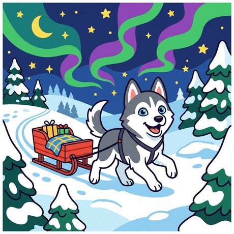 Siberian husky pulling a sled at night under northern lights, dog coloring page to download