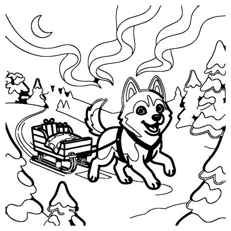 Siberian husky pulling a sled at night under northern lights, dog coloring page to download