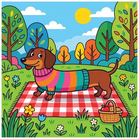 Dachshund in a striped sweater on a picnic blanket, printable dog coloring page