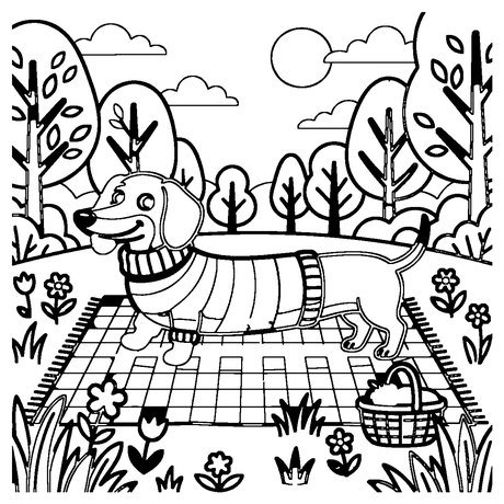 Dachshund in a striped sweater on a picnic blanket, printable dog coloring page