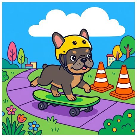 French bulldog puppy on a skateboard with a helmet, dog coloring page for children
