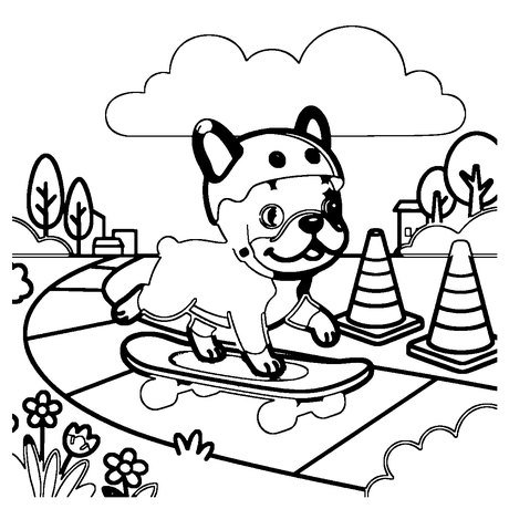 French bulldog puppy on a skateboard with a helmet, dog coloring page for children