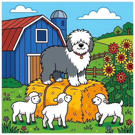 Old English sheepdog on a hay bale with lambs and a barn, detailed dog coloring page