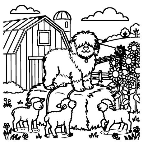 Old English sheepdog on a hay bale with lambs and a barn, detailed dog coloring page