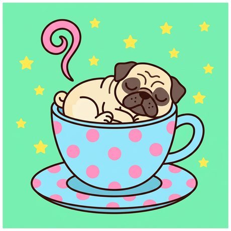 Pug puppy sleeping in a polka dot teacup, easy dog coloring page to print