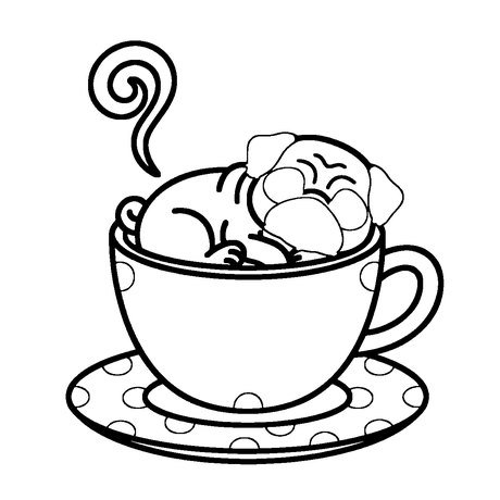 Pug puppy sleeping in a polka dot teacup, easy dog coloring page to print