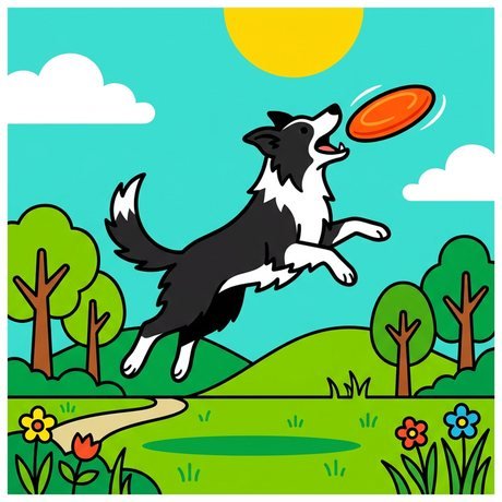 Border collie jumping to catch a frisbee in a park, dog coloring page printable PDF