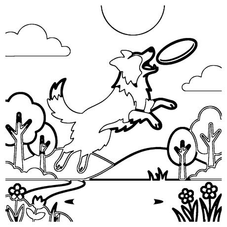 Border collie jumping to catch a frisbee in a park, dog coloring page printable PDF