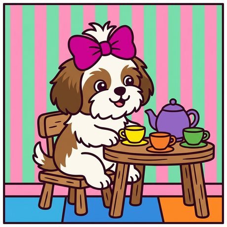 Shih tzu puppy with a bow at a toy tea party, dog coloring page for girls and boys