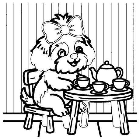 Shih tzu puppy with a bow at a toy tea party, dog coloring page for girls and boys