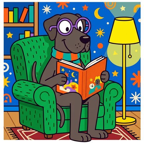 Great Dane wearing glasses reading a book in an armchair, dog coloring page