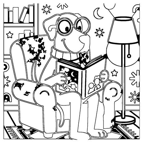 Great Dane wearing glasses reading a book in an armchair, dog coloring page