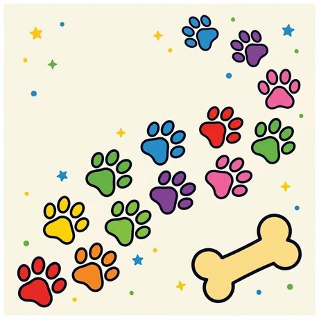 Rainbow coloured dog paw prints trail pattern, easiest dog coloring page for toddlers