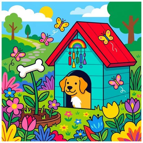 Cartoon doghouse with a flower garden and bones, detailed dog coloring page to print