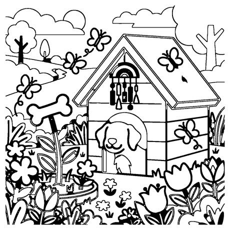 Cartoon doghouse with a flower garden and bones, detailed dog coloring page to print
