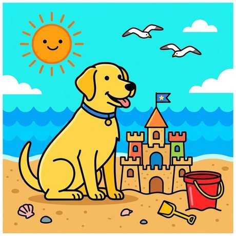 Labrador at the beach next to a sandcastle with seagulls, summer dog coloring page