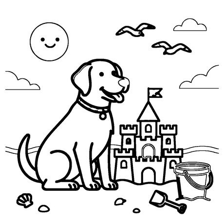 Labrador at the beach next to a sandcastle with seagulls, summer dog coloring page
