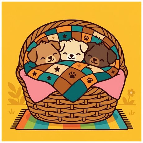 Three puppies under a patchwork quilt in a wicker basket, cute dog coloring page