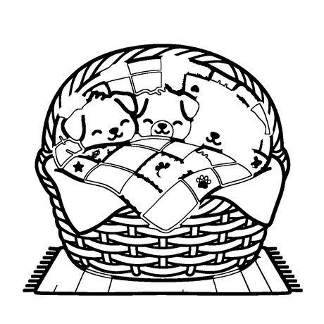 Three puppies under a patchwork quilt in a wicker basket, cute dog coloring page