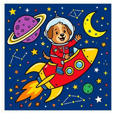 Dog astronaut in a space suit flying a rocket past the moon, fun dog coloring page