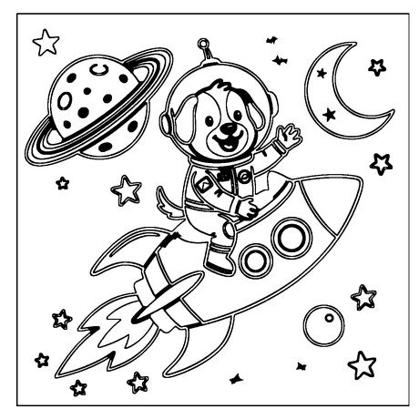 Dog astronaut in a space suit flying a rocket past the moon, fun dog coloring page