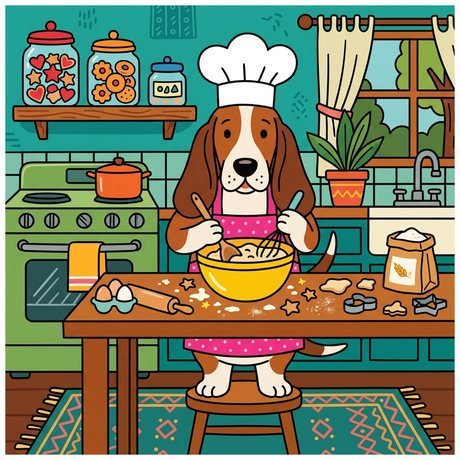 Basset hound wearing an apron baking cookies in a kitchen, dog coloring page printable