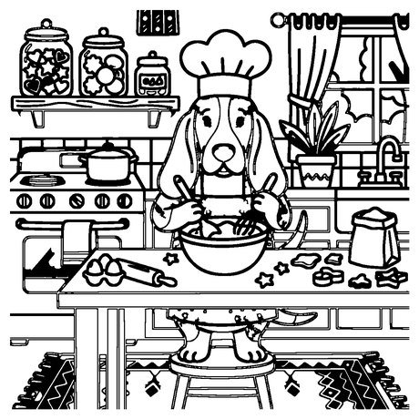 Basset hound wearing an apron baking cookies in a kitchen, dog coloring page printable