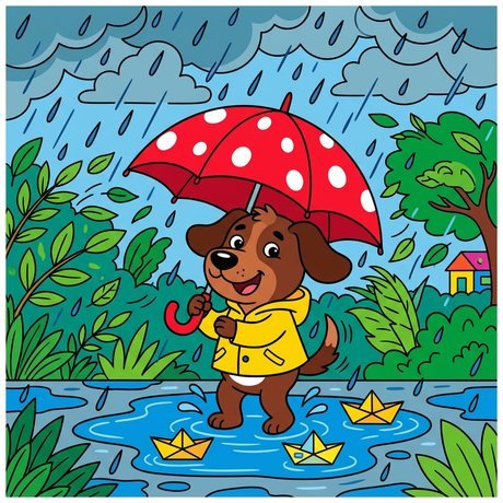 Dog holding an umbrella in monsoon rain with paper boats, rainy day dog coloring page