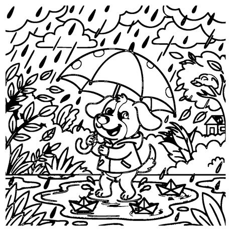 Dog holding an umbrella in monsoon rain with paper boats, rainy day dog coloring page