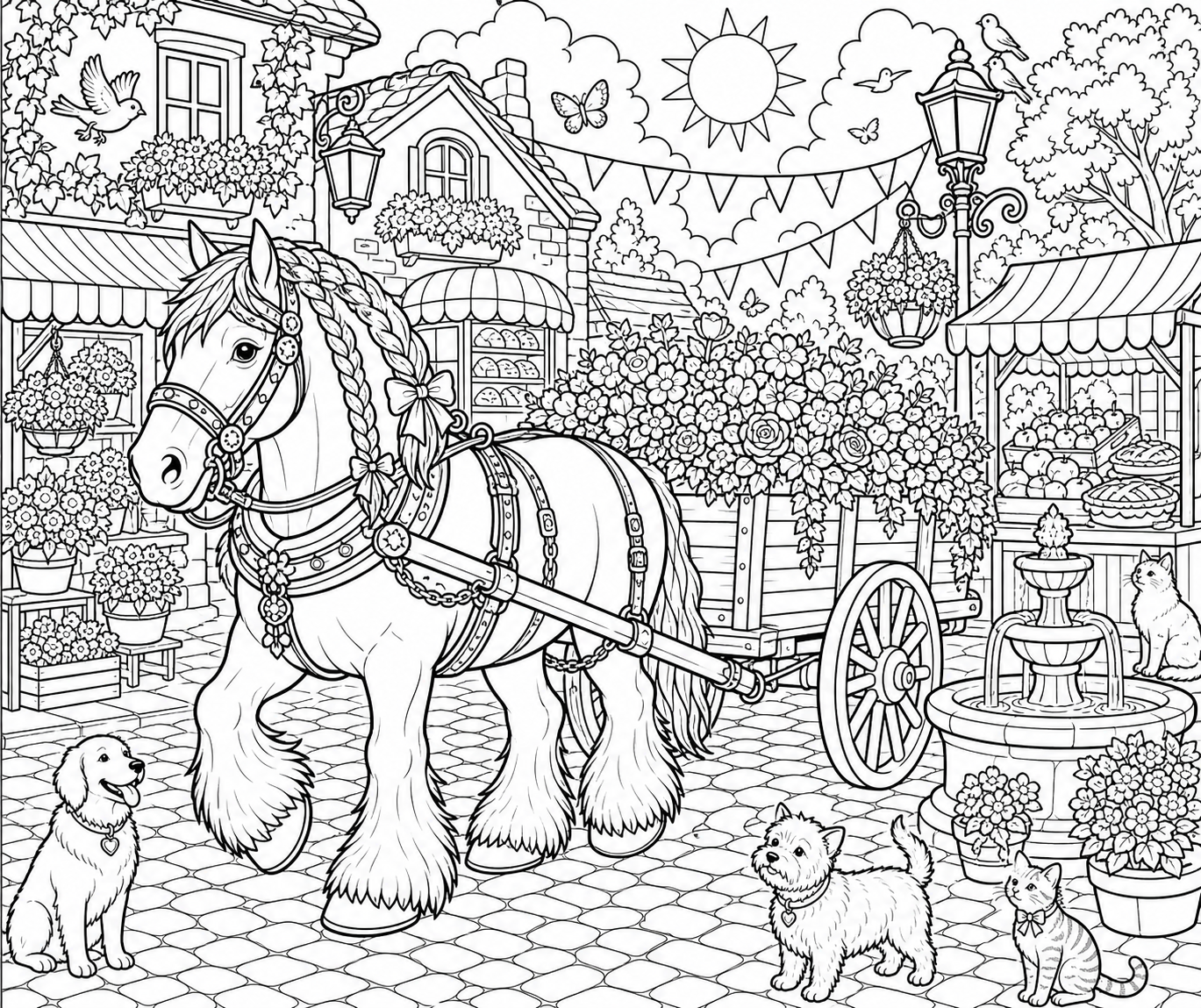 Draft Horse Pulling a Flower Wagon — free horse coloring page, printable black and white line art