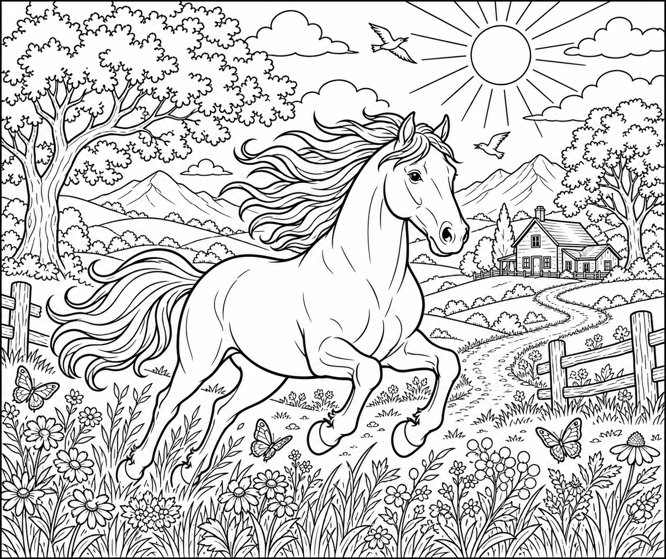 Galloping Wild Horse in the Countryside — free horse coloring page, printable black and white line art