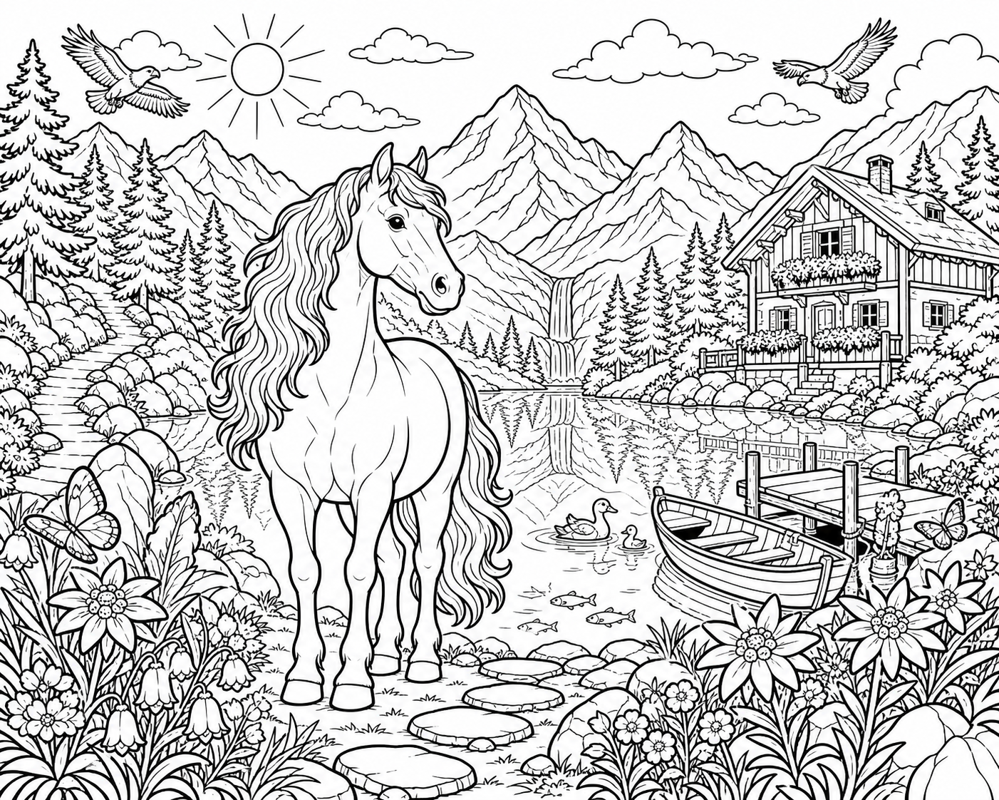 Horse at an Alpine Mountain Lake — free horse coloring page, printable black and white line art