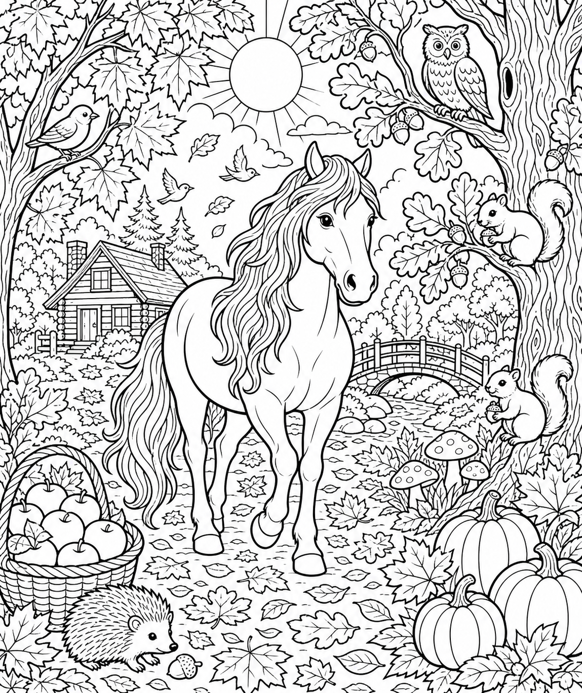 Horse in an Autumn Forest — free horse coloring page, printable black and white line art