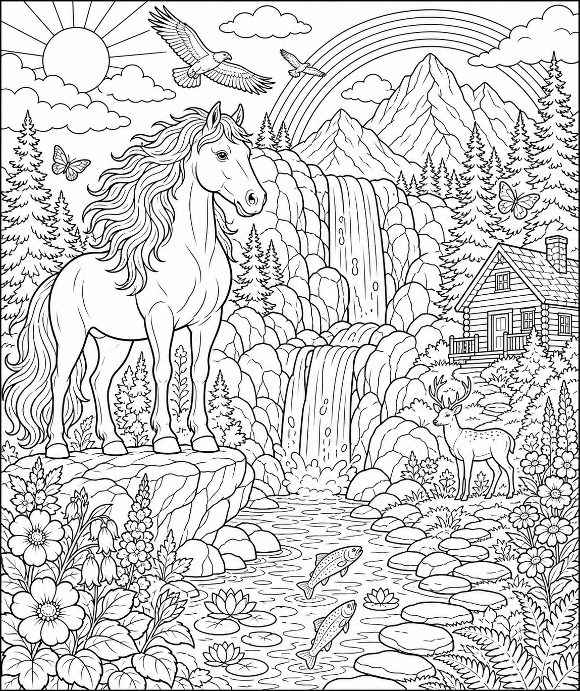 Horse Beside a Mountain Waterfall — free horse coloring page, printable black and white line art