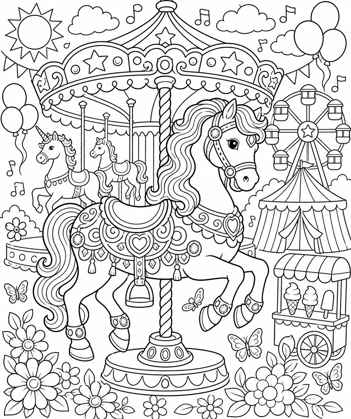 Carousel Horse at a Fairground — free horse coloring page, printable black and white line art