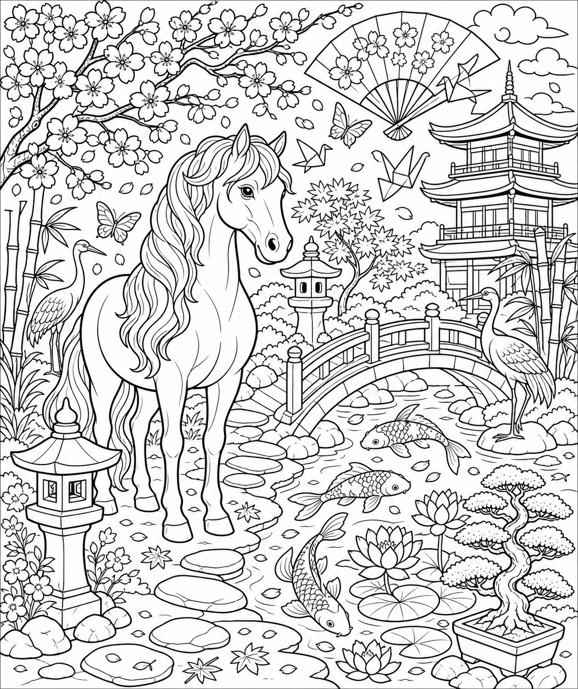 Horse in a Cherry Blossom Japanese Garden — free horse coloring page, printable black and white line art