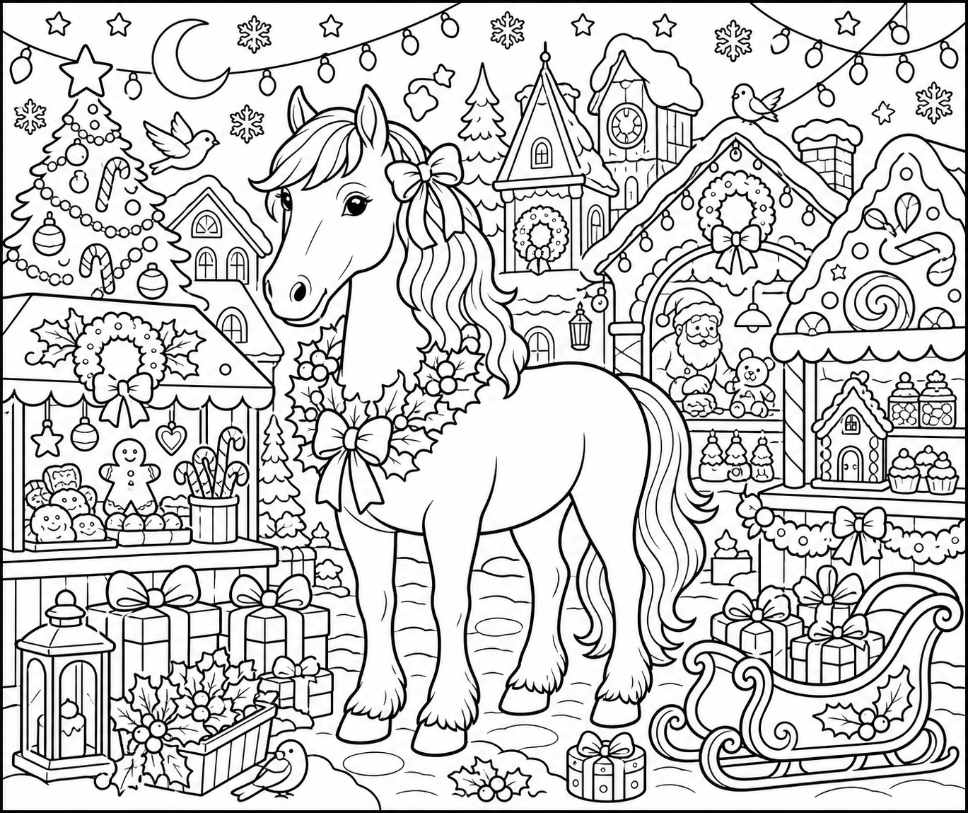 Horse at a Christmas Village Market — free horse coloring page, printable black and white line art