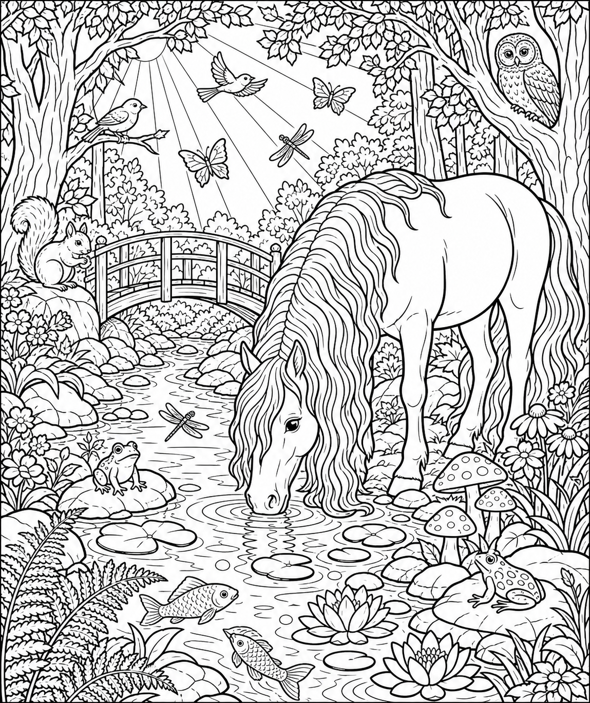 Horse Drinking from a Forest Stream — free horse coloring page, printable black and white line art