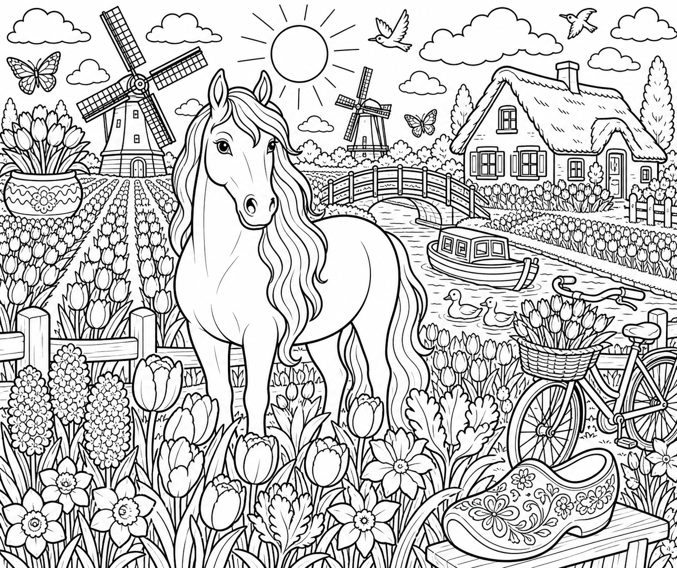 Horse in a Dutch Tulip Field — free horse coloring page, printable black and white line art