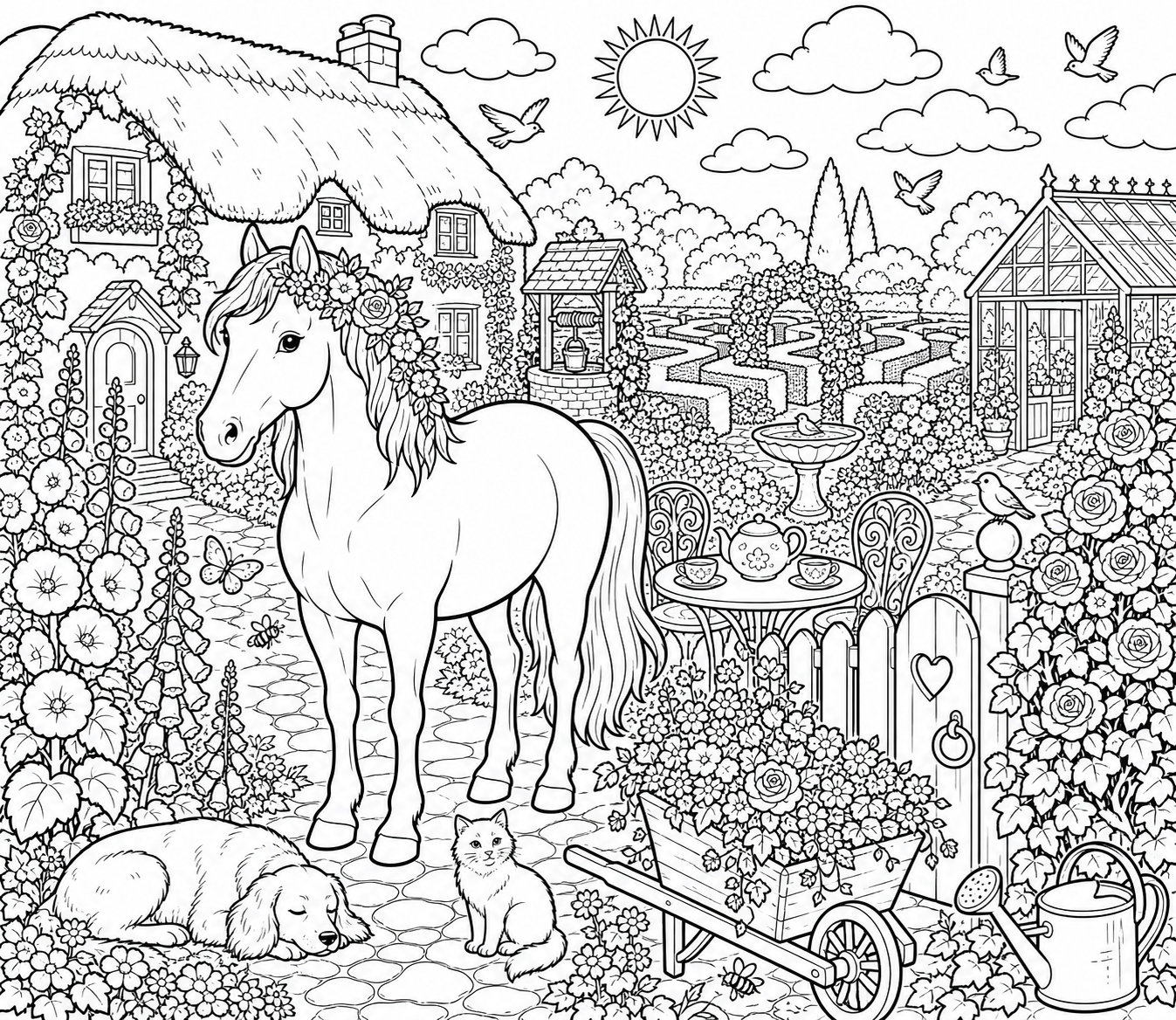 Horse in an English Cottage Secret Garden — free horse coloring page, printable black and white line art