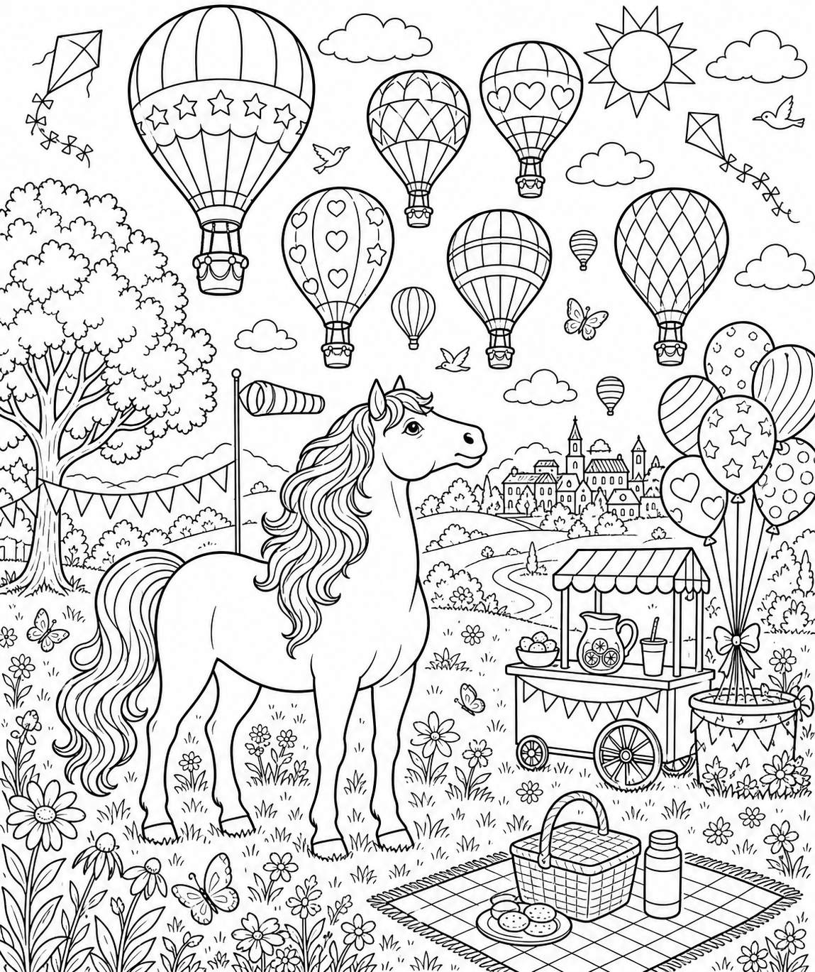 Horse at a Hot Air Balloon Festival — free horse coloring page, printable black and white line art