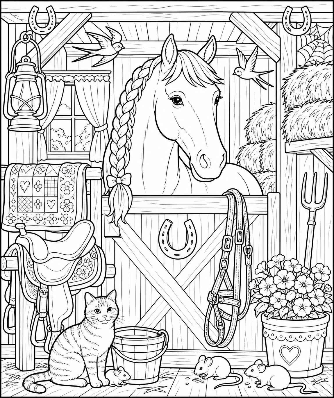Horse in a Cozy Barn Stable — free horse coloring page, printable black and white line art