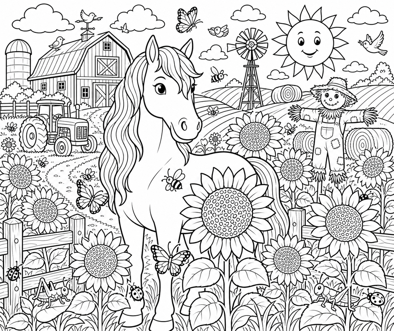 Horse in a Sunflower Field — free horse coloring page, printable black and white line art