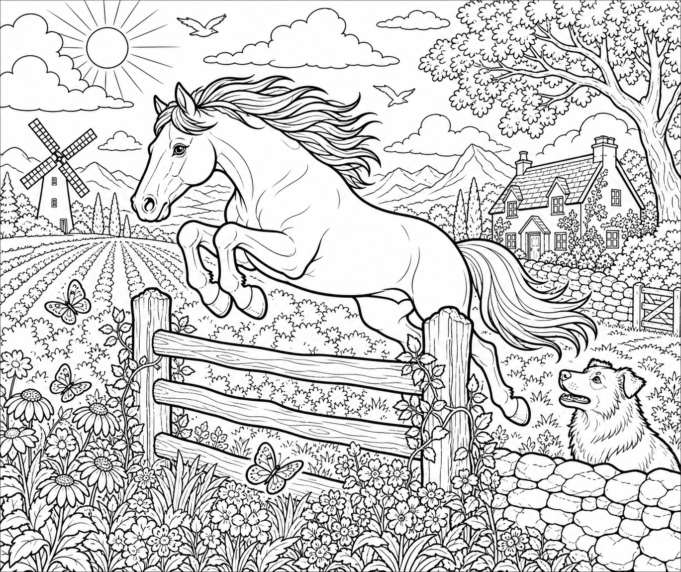 Horse Jumping a Country Fence — free horse coloring page, printable black and white line art