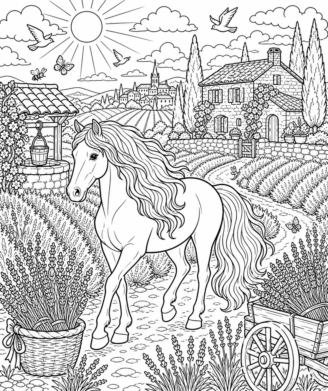 Horse in a Provence Lavender Field — free horse coloring page, printable black and white line art