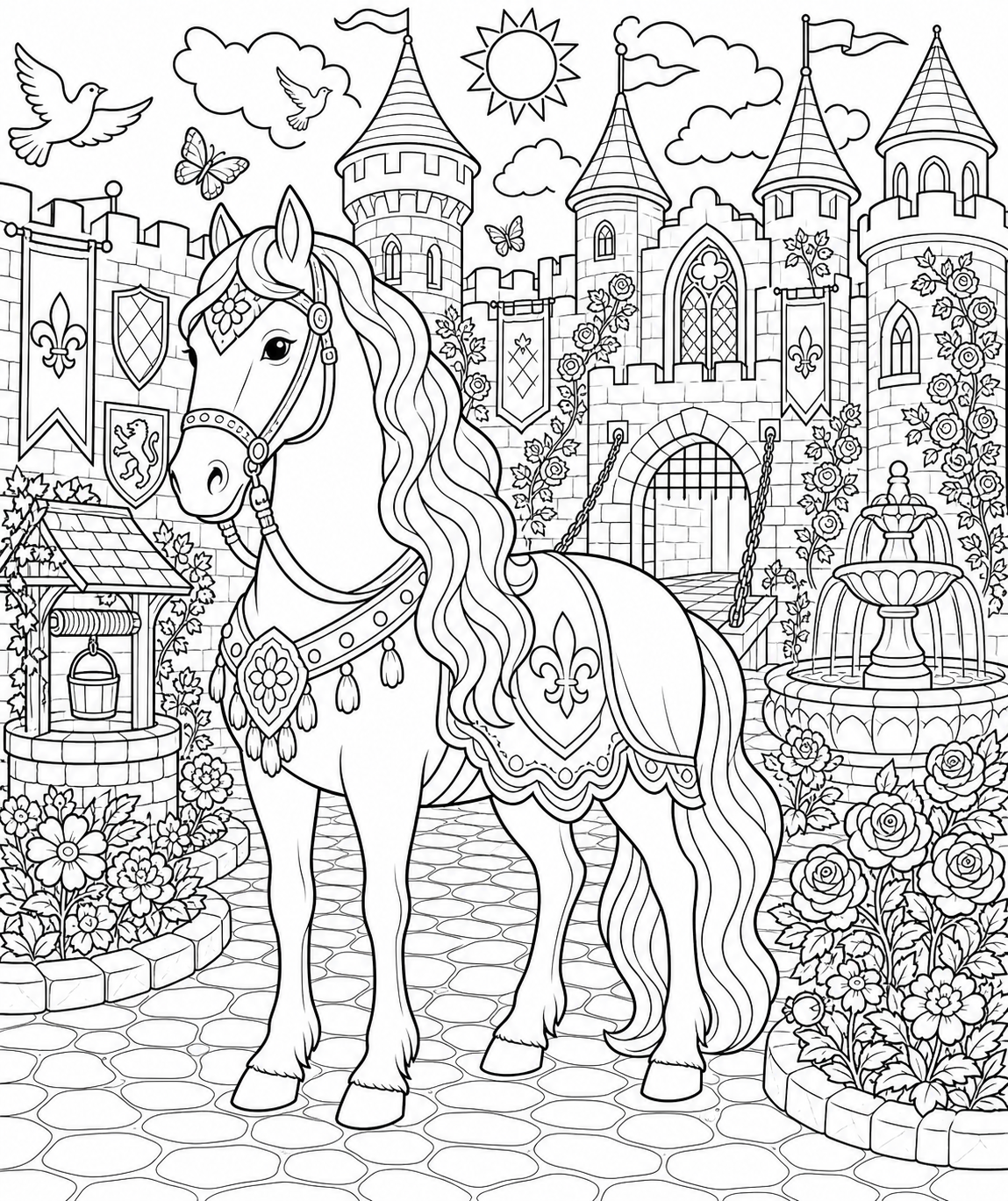 Horse in a Medieval Castle Courtyard — free horse coloring page, printable black and white line art