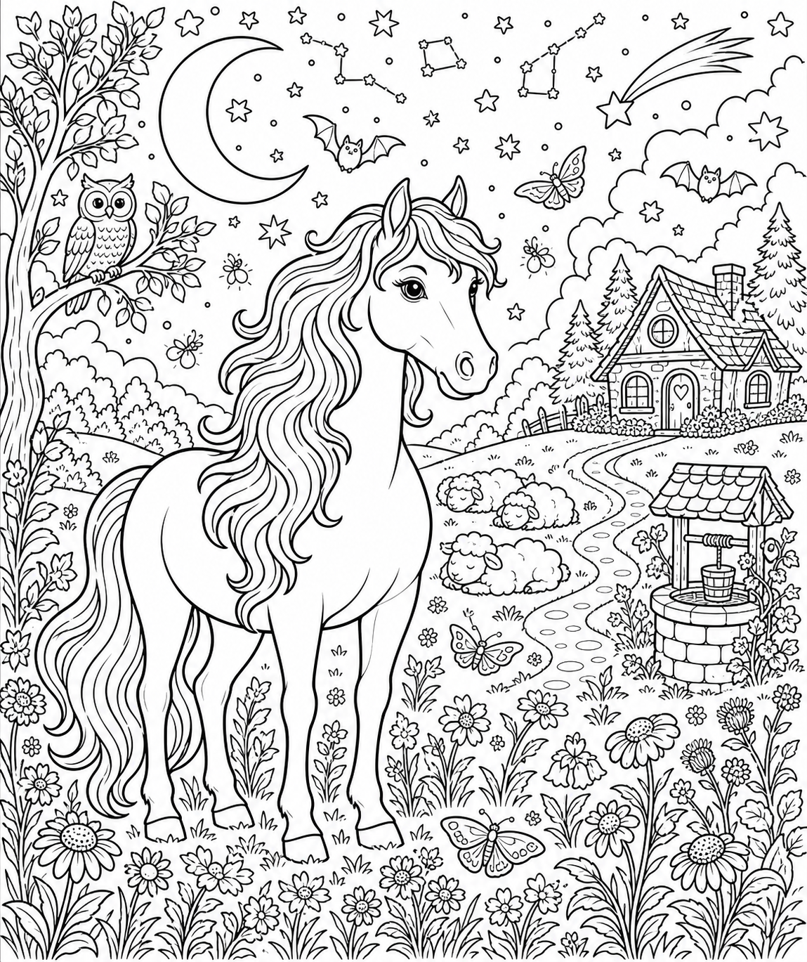 Horse in a Moonlit Meadow — free horse coloring page, printable black and white line art