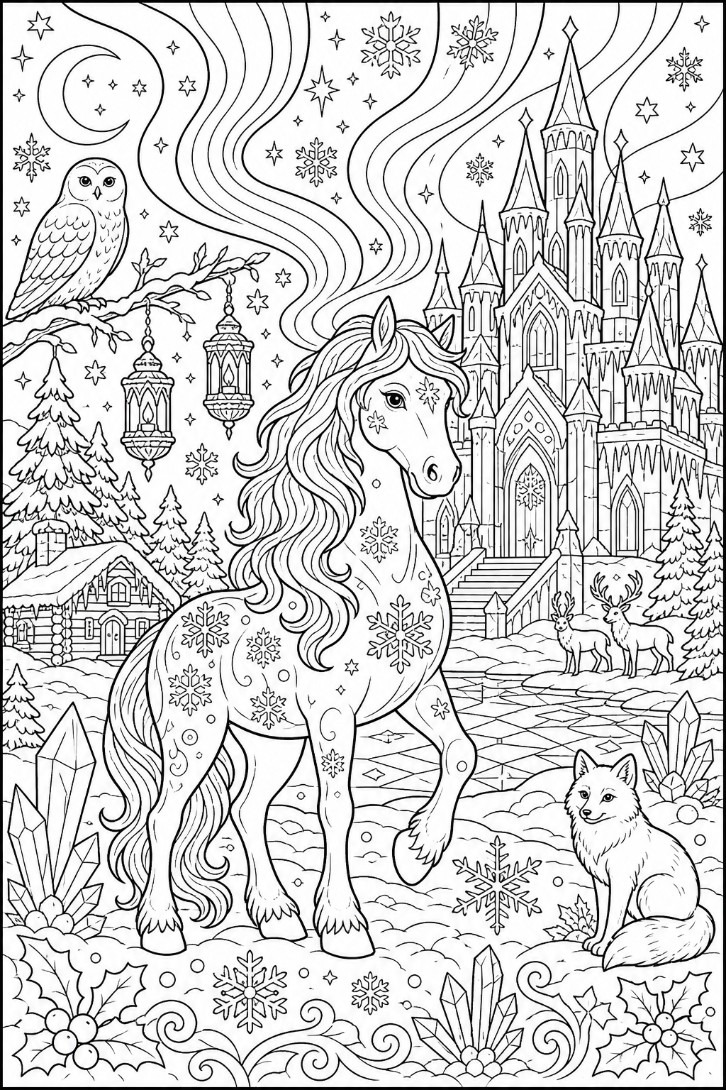 Horse at an Ice Palace Under Northern Lights — free horse coloring page, printable black and white line art